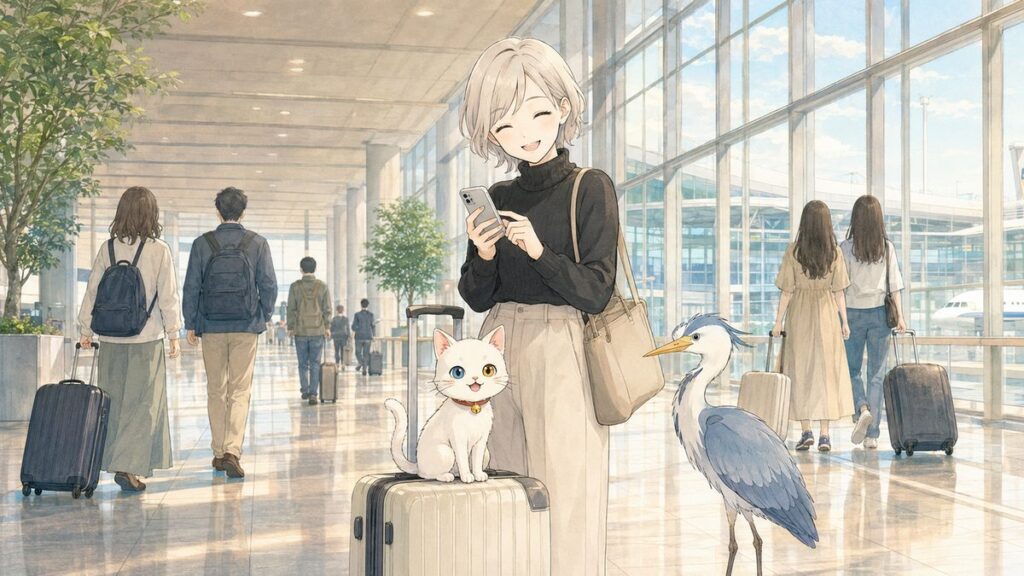 A traveler setting up an eSIM on her phone in a bright Japanese airport arrivals hall