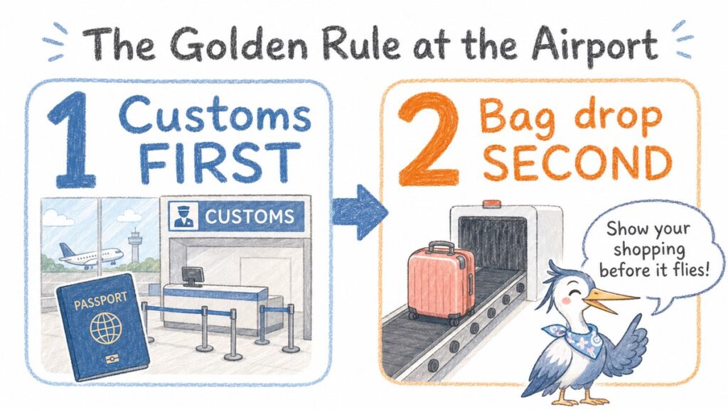 Diagram showing customs confirmation must come before checking your luggage at the airport
