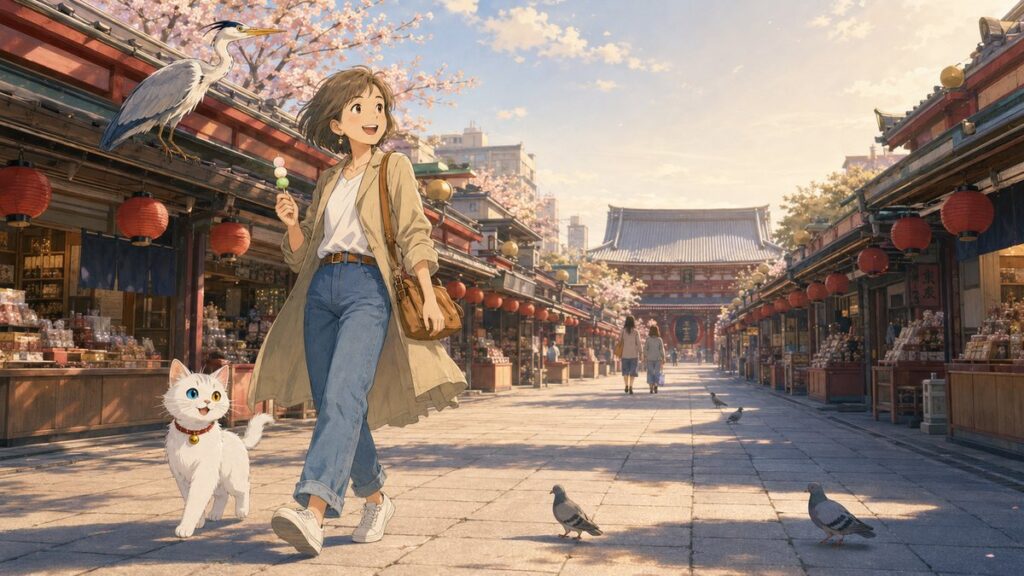 Early morning walk along Nakamise Street toward Senso-ji temple in Asakusa, Tokyo