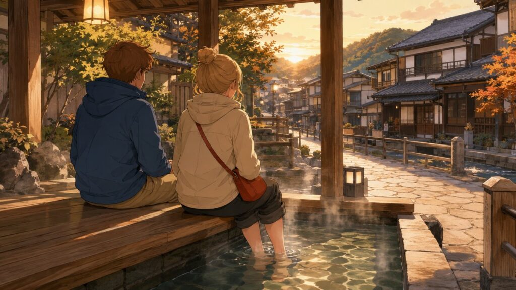 Travelers soaking their feet in a public footbath in a Japanese onsen town