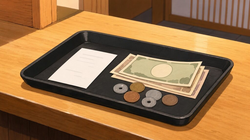 Bill slip and payment tray at a Japanese restaurant register