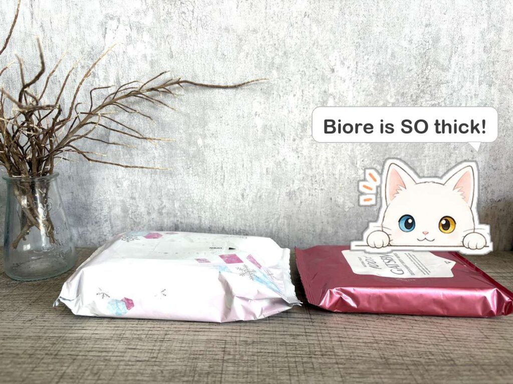 Thickness comparison of Biore and Gatsby cooling sheet packs side by side