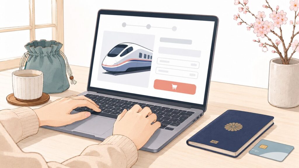 Buying a Japan Rail Pass online with a laptop, passport and credit card on a desk