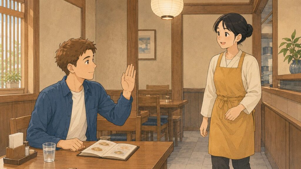 Traveler raising a hand and calling staff with sumimasen at a Japanese restaurant