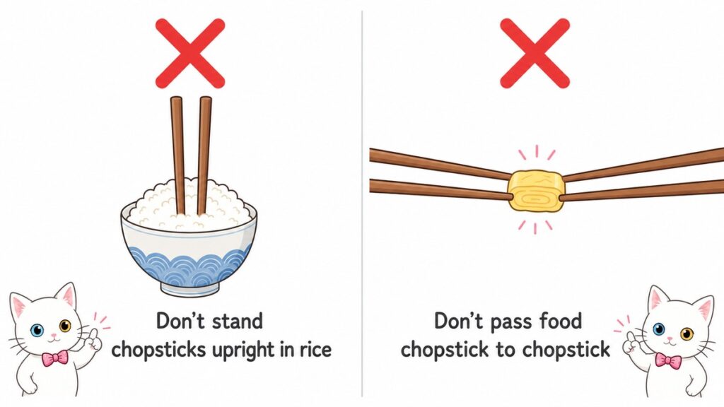 Diagram of the two most important chopstick rules in Japan