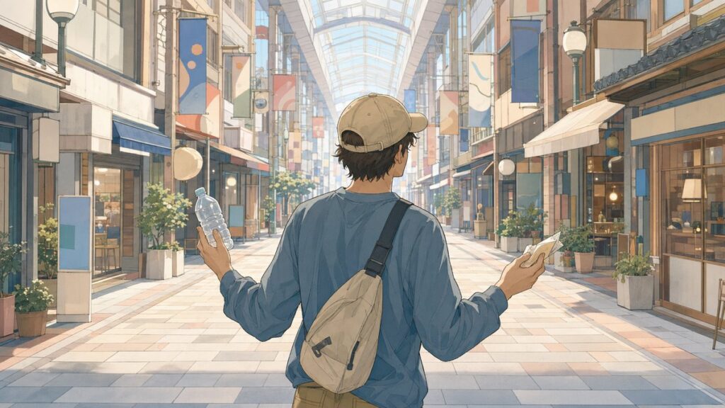 A traveler holding a plastic bottle and wrapper on a spotless Japanese shopping street with no trash cans