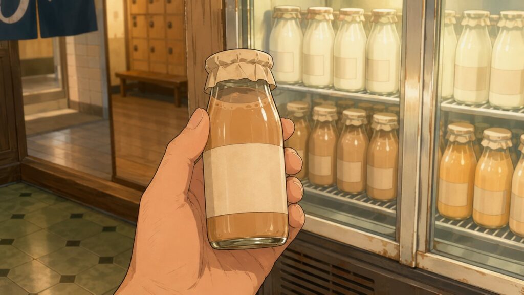 Glass bottle of Japanese coffee milk, the classic after-bath drink