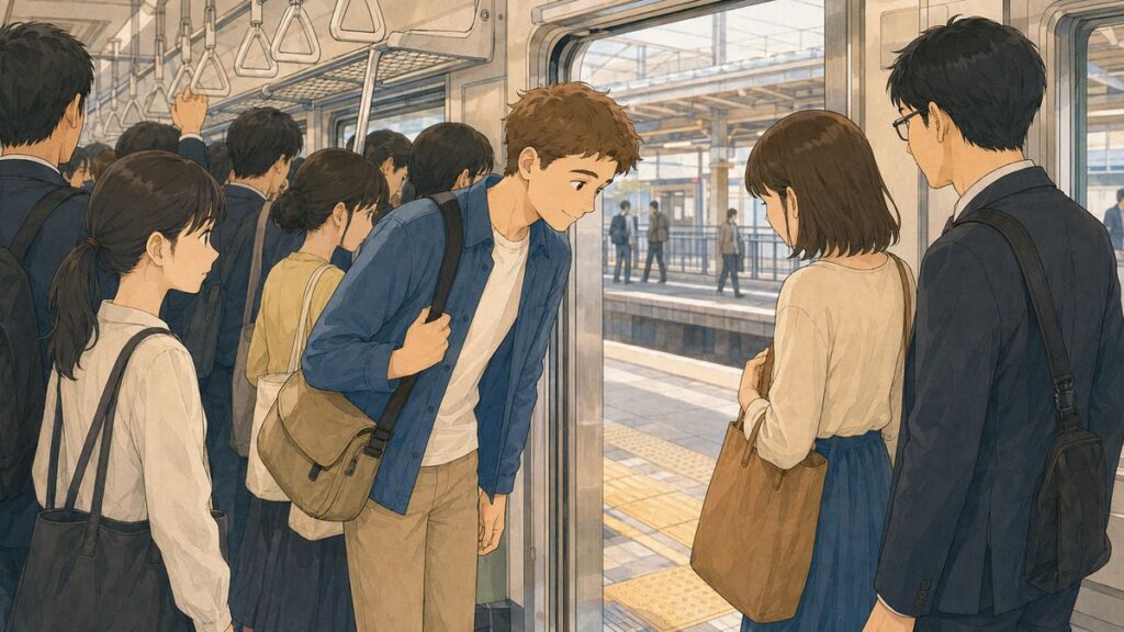 Passenger politely moving through a crowded train in Japan