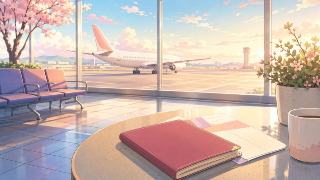 Anime-style illustration of an airport departure lounge with a plane outside the window and a passport on the table