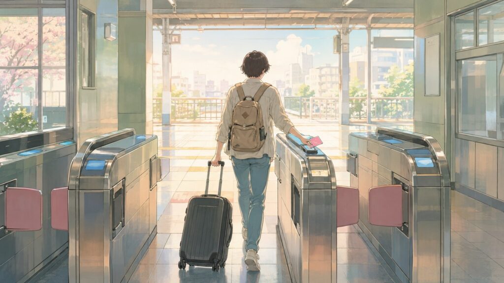A traveler with a suitcase walking through a Japanese ticket gate