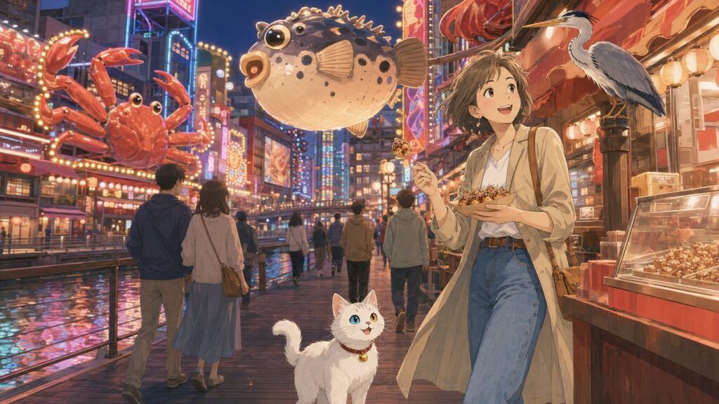 Neon signs and street food stalls along the Dotonbori canal in Osaka at night
