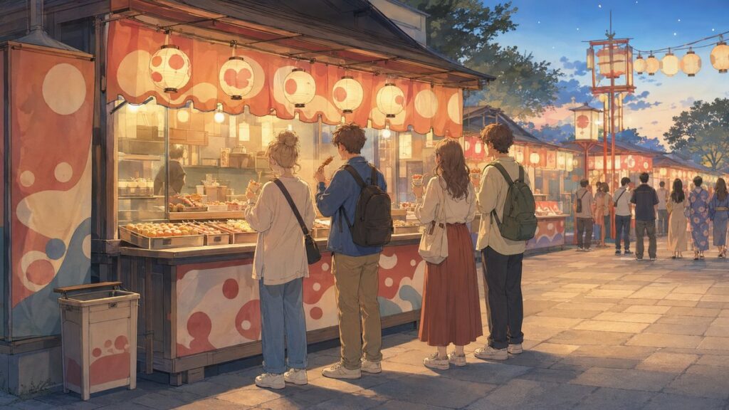Travelers enjoying street food right next to a Japanese food stall with a small trash can nearby