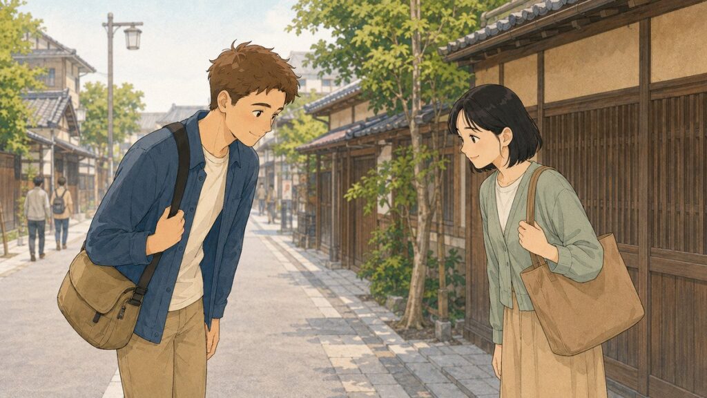 Two people exchanging small bows on a street in Japan