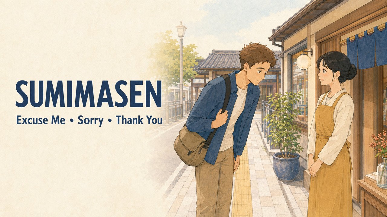 Traveler saying sumimasen with the meanings excuse me, sorry and thank you