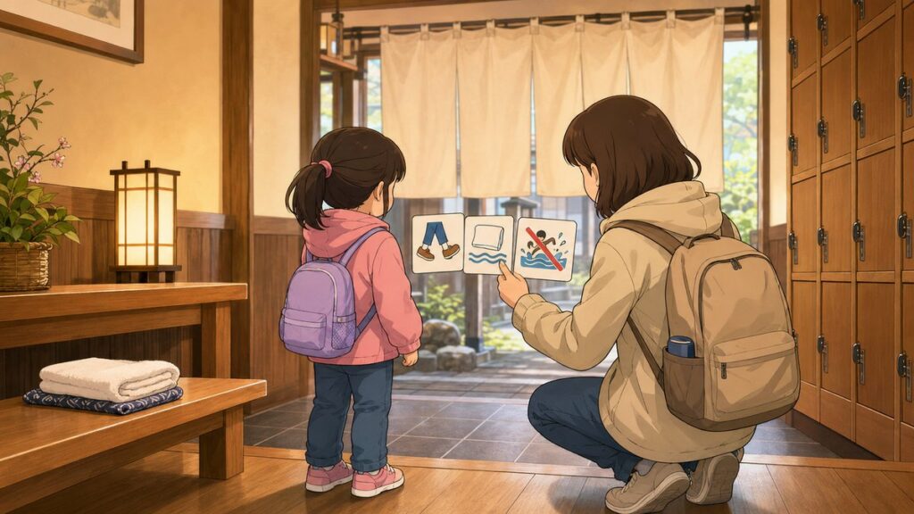 Parent explaining bath rules to a child at a Japanese bathhouse changing room