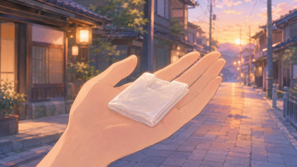 A small folded plastic bag on a palm with a clean Japanese street in the background