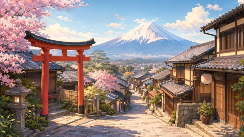 Anime-style illustration combining Mt. Fuji and a traditional Kyoto Gion stone-paved lane