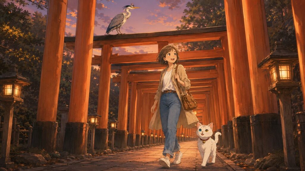 Walking through the lantern-lit vermilion torii gates of Fushimi Inari shrine at dusk