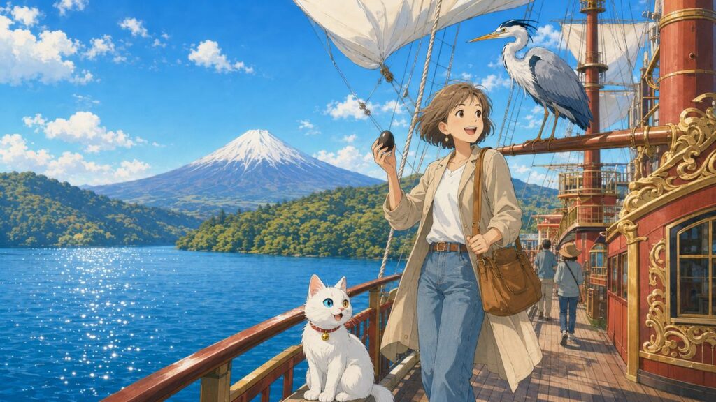 Sightseeing pirate ship crossing Lake Ashi in Hakone with Mount Fuji in the background
