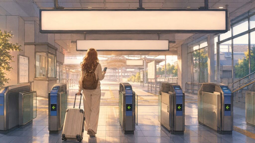 Traveler passing through a train station ticket gate with a smartphone