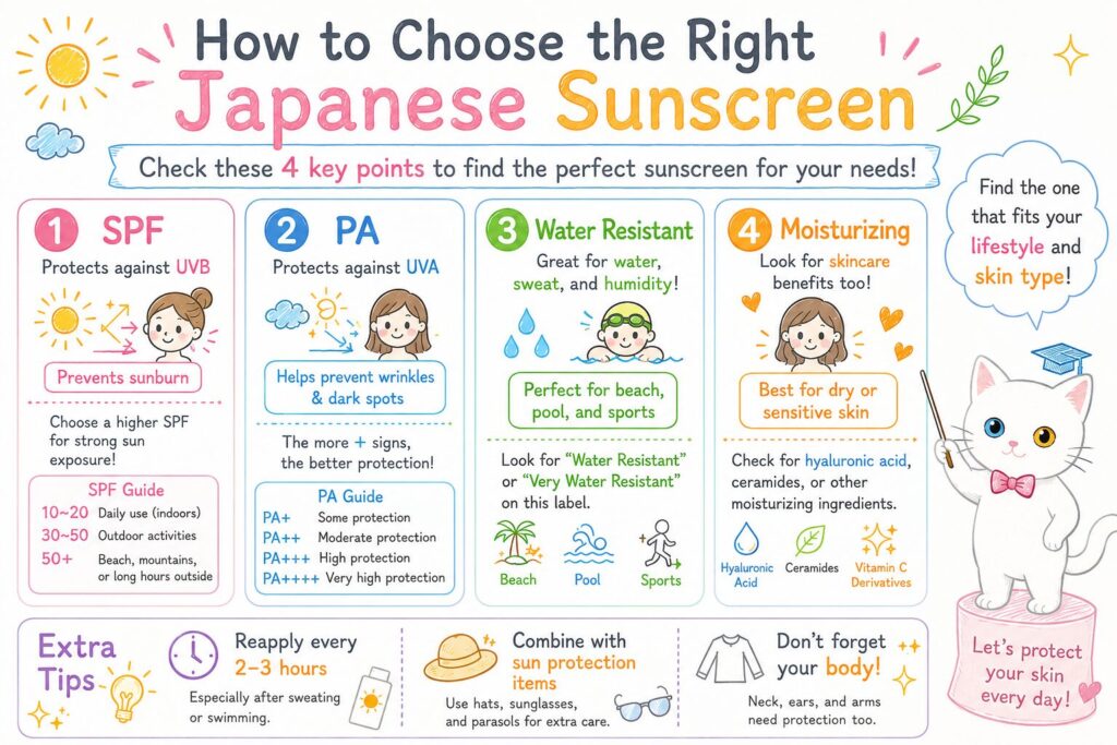 Infographic: how to choose the right Japanese sunscreen — SPF, PA rating, water resistance, and moisturizing benefits explained