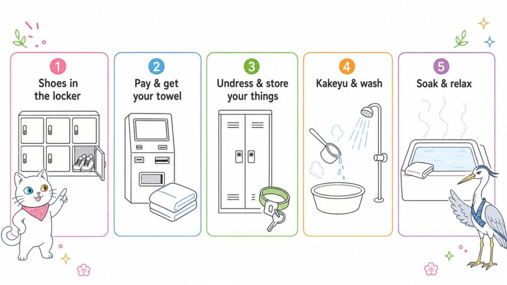 Infographic of how to use a Japanese onsen in five steps
