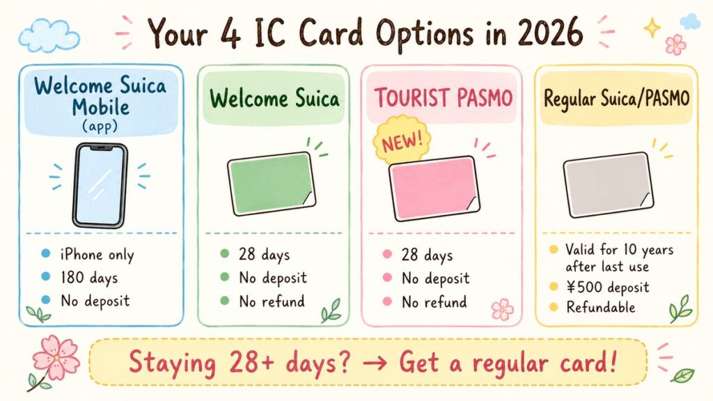 Comparison chart of the four IC card options for tourists in Japan 2026