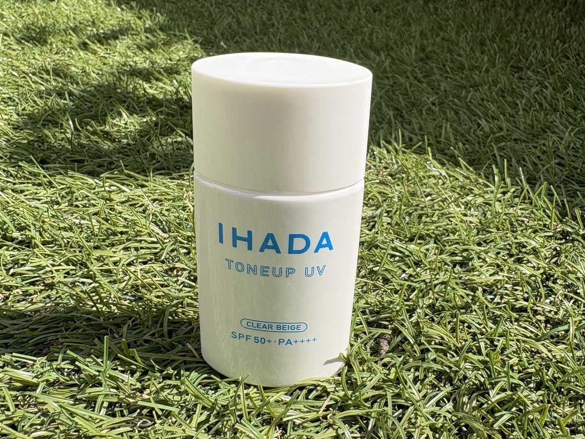 IHADA sensitive-skin face sunscreen bottle with clear beige tone-up finish