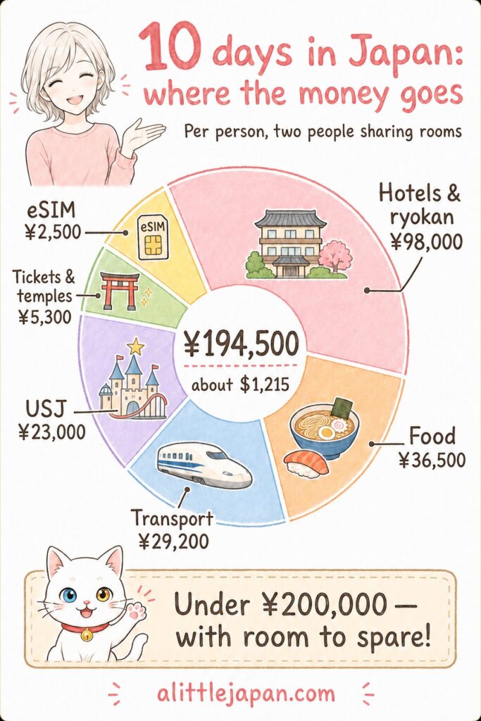 Budget breakdown for 10 days in Japan showing hotels, food, transport and tickets totaling 194,500 yen