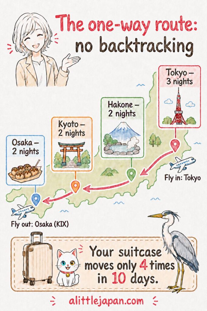 One-way route map of a 10-day Japan itinerary from Tokyo to Hakone, Kyoto and Osaka