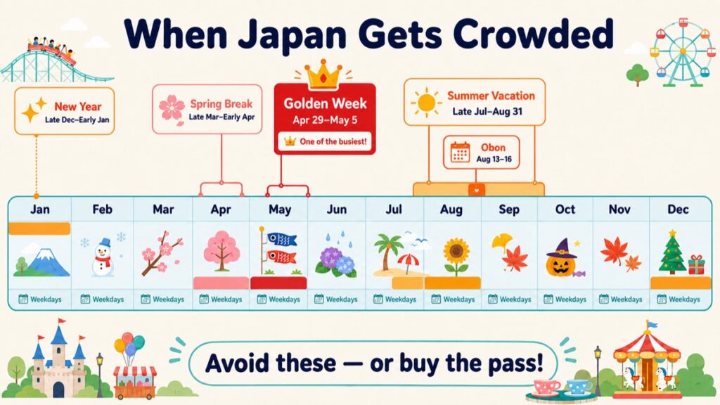 Calendar infographic of Japanese holiday periods when Universal Studios Japan is most crowded