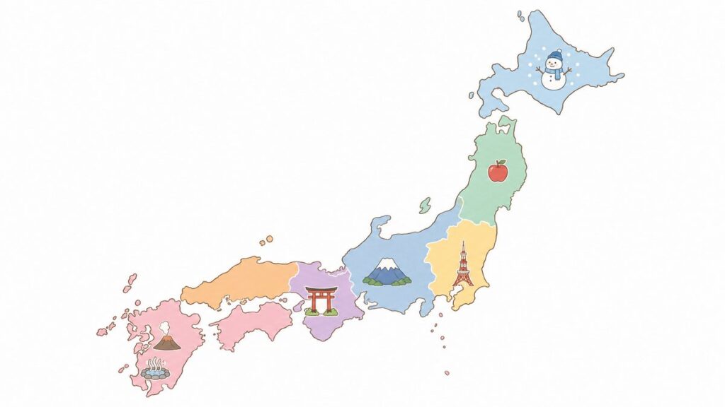 Illustrated map of Japan with each region colored differently and marked with a local landmark