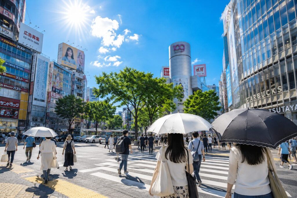 People walking under strong summer sunlight in Japan