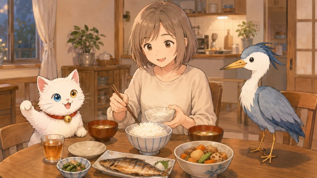 A Japanese family dinner table with rice, miso soup, and simmered dishes
