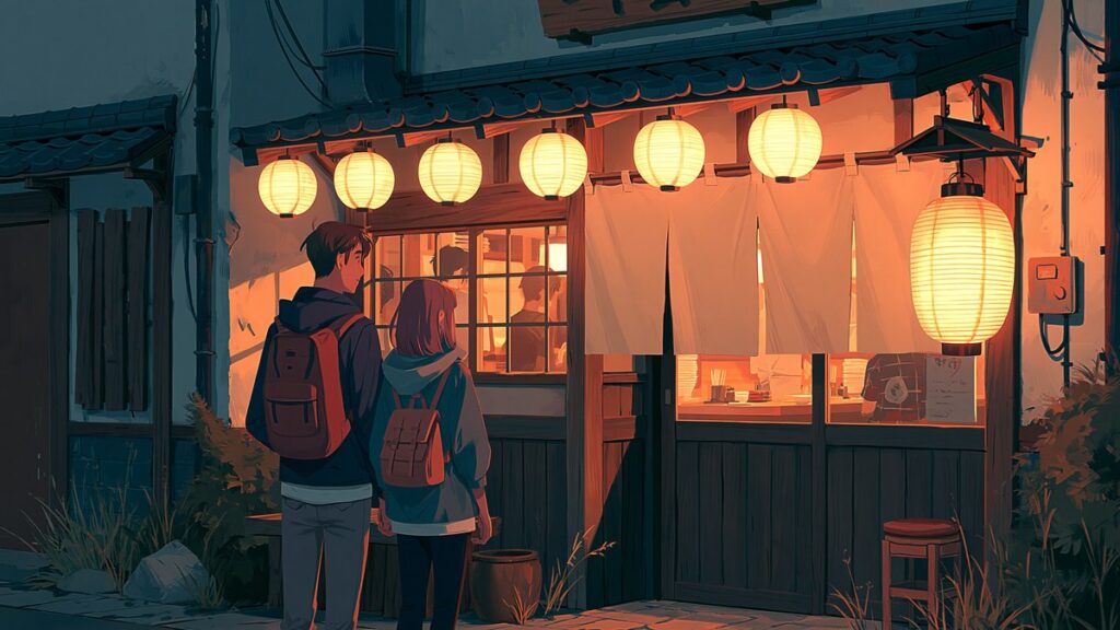 Japanese restaurant etiquette - travelers at a restaurant entrance in Japan