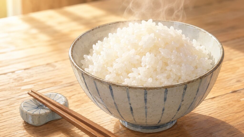 A bowl of freshly cooked Japanese white rice with steam rising