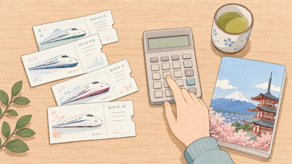 Shinkansen tickets and a calculator on a table for planning a Japan trip budget