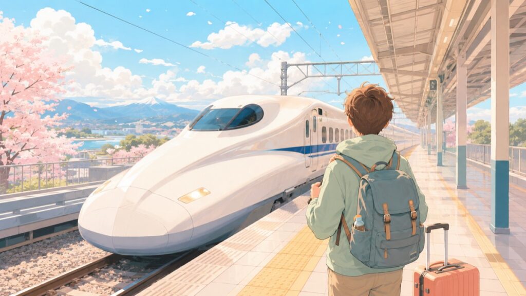 Anime-style illustration of a traveler watching a shinkansen bullet train arrive at the platform