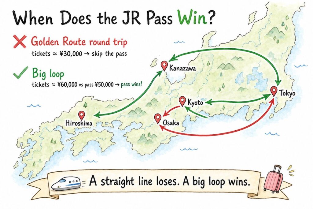 Illustrated map of Japan comparing the Golden Route round trip with a big loop route where the JR Pass pays off