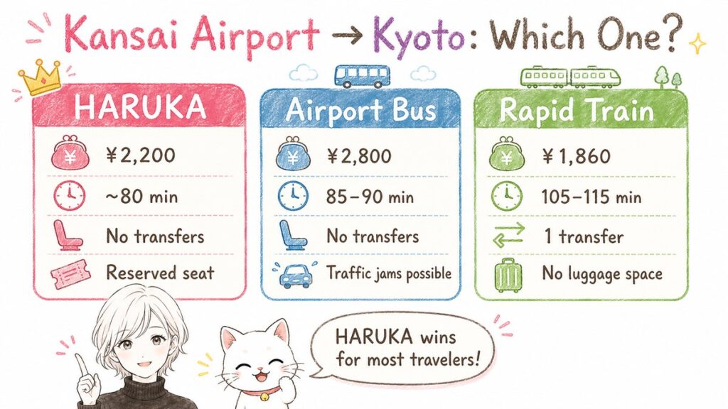 Haruka vs airport bus vs rapid train comparison for Kansai Airport to Kyoto