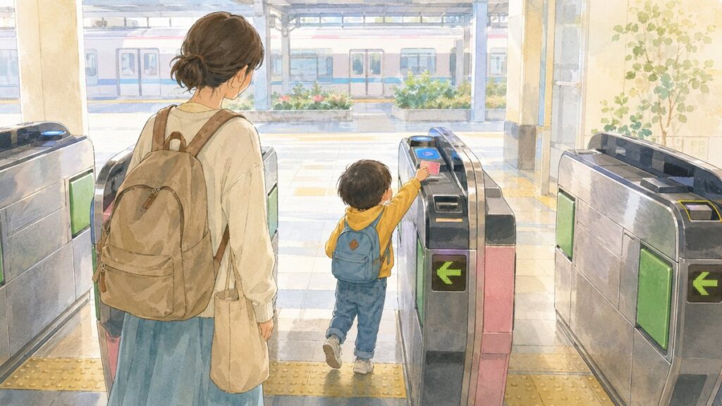 A child tapping an IC card at a ticket gate while a parent watches