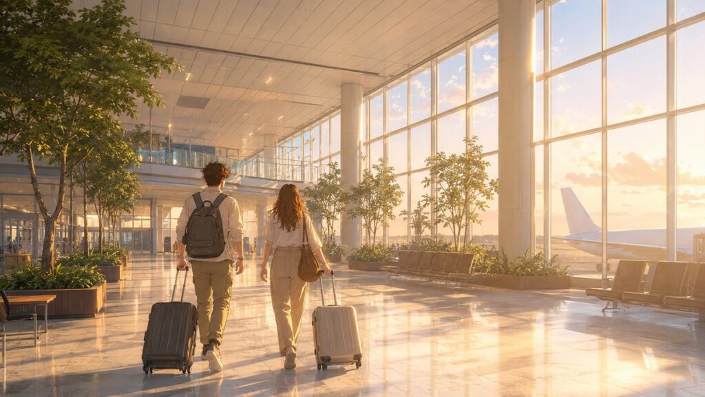 Travelers with suitcases arriving at Kansai International Airport