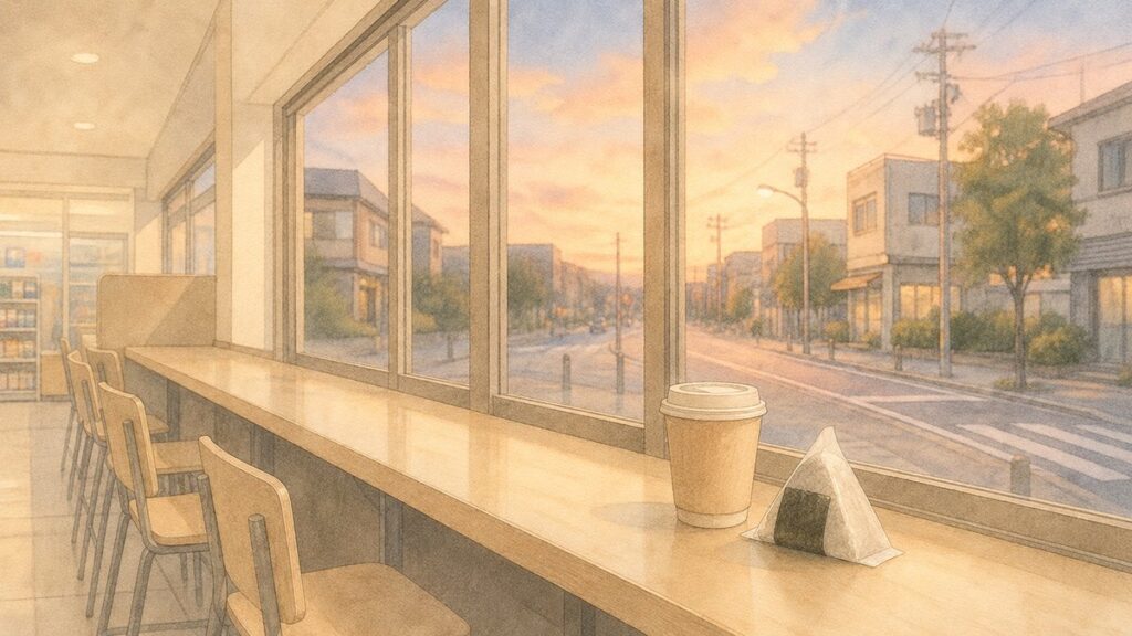 Watercolor illustration of a konbini eat-in corner with counter seats by the window, coffee and onigiri