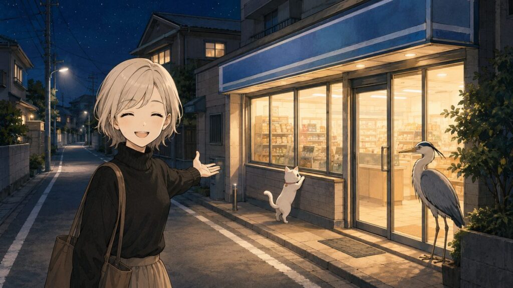 A Japanese convenience store glowing at night on a quiet residential street