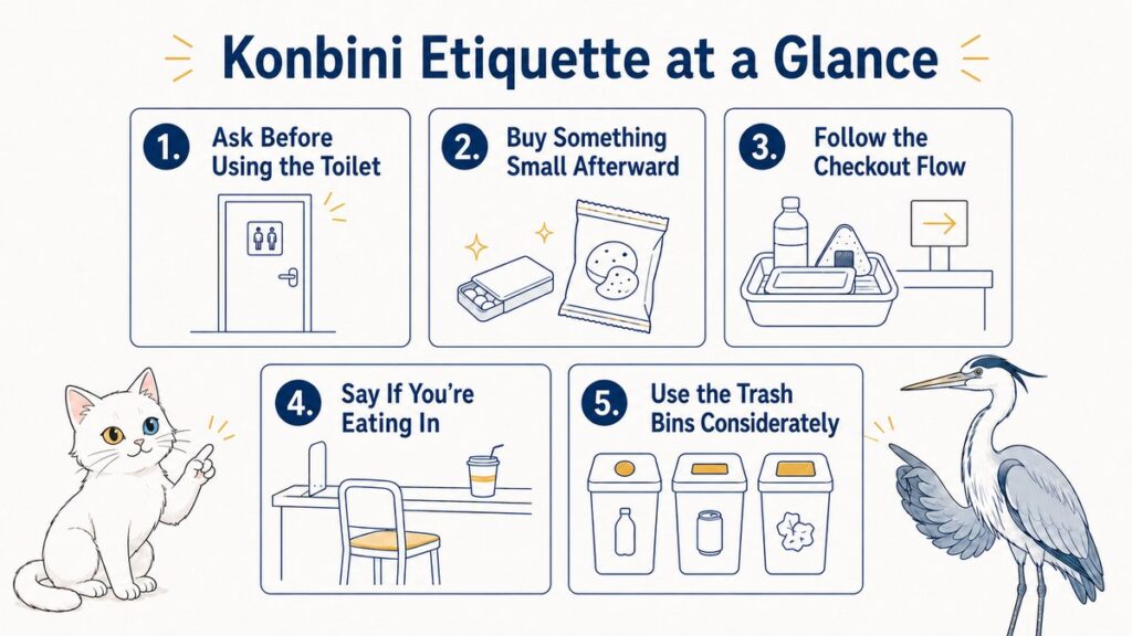 Infographic summarizing five unwritten rules of Japanese convenience store etiquette: ask before using the toilet, buy something small afterward, follow the checkout flow, say if you are eating in, and use the trash bins considerately