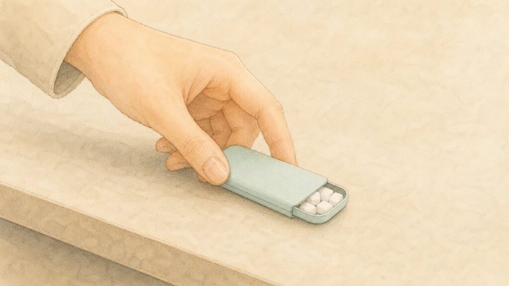 Watercolor illustration of a hand placing a small open mint case on a konbini checkout counter