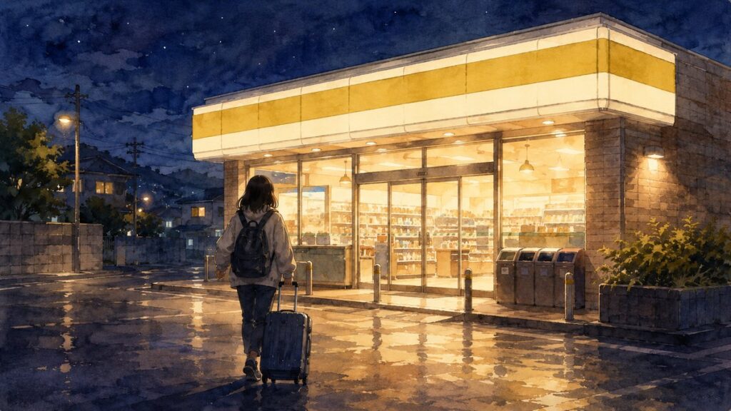 Watercolor illustration of a traveler with a suitcase approaching a Japanese convenience store at night