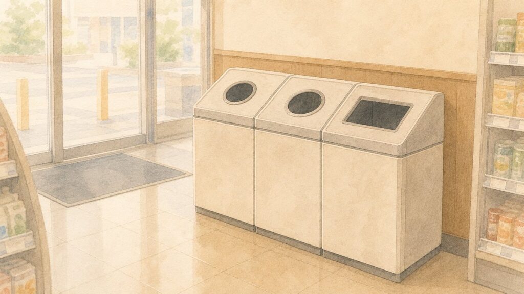 Watercolor illustration of sorted trash and recycling bins near the entrance of a Japanese convenience store