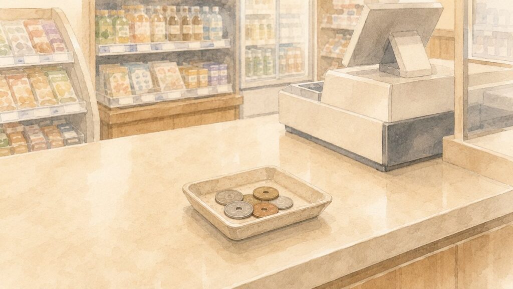 Watercolor illustration of a Japanese convenience store checkout counter with a small coin tray