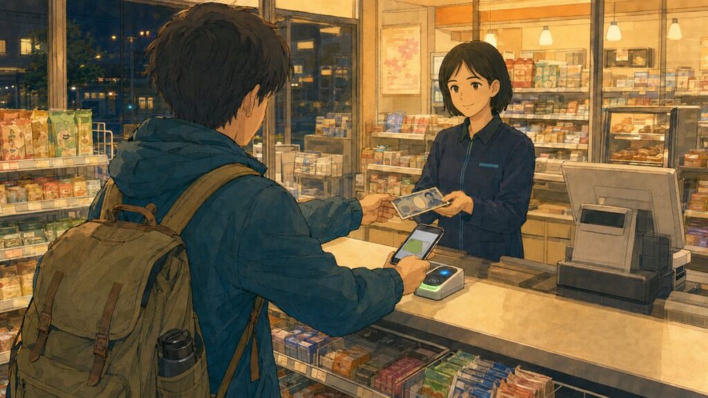 Topping up a Suica with cash at a Japanese convenience store register